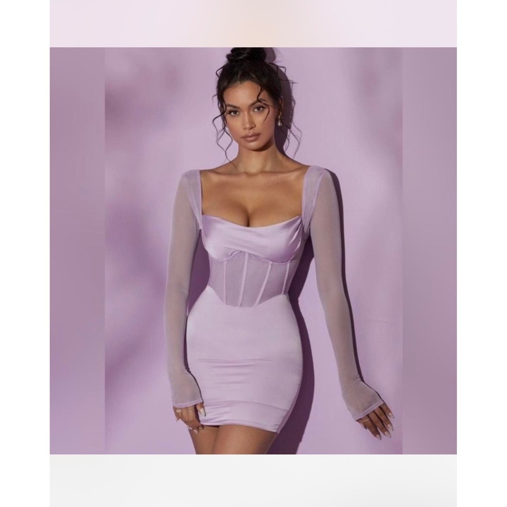 Oh Polly Mini Dress Women Size 6 Purple Satin Corset Mesh Long Sleeve